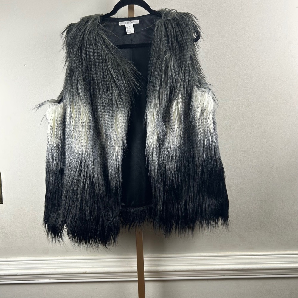 K. Jordan Faux Fur Vest Womens L Grey Black Ombre Y2K Shaggy Sleeveless Jacket